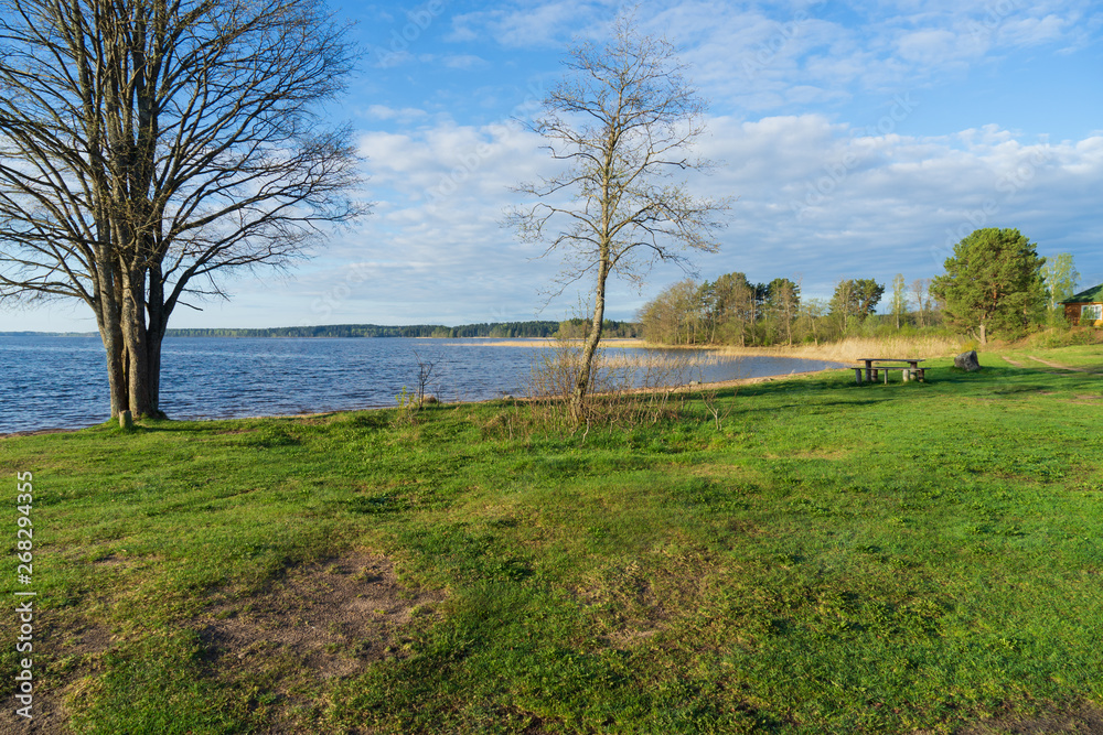 The shore of the lake at dawn, a table near the shore in nature. Sandy beach and green grass.