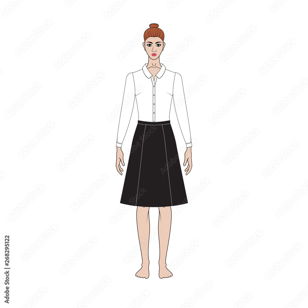 Illustration of women's skirt, shirt, pants, jacket, jeans, dress. Office or school capsule wardrope. Casual style. Technical drawing Illustration of women's skirt, shirt, pants, jacket, jeans, dress. Office or school capsule wardrope. Casual style. Technical drawing