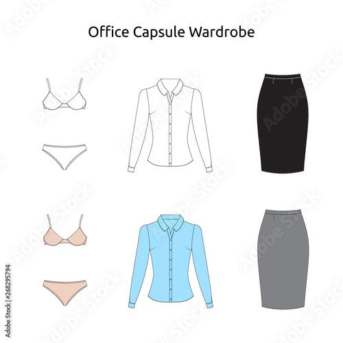 Illustration of women's skirt,shirt, underwear, pants, jeans, t-shirt, longsleeve, cardigan. Office or school capsule wardrobe. Casual style. Technical drawing