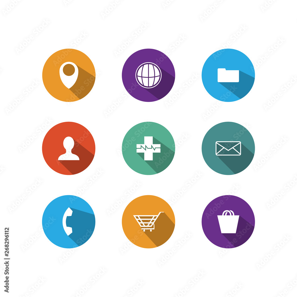 Vector icon set inside round shape with long shadow style design Vector icon set inside round shape with long shadow style design