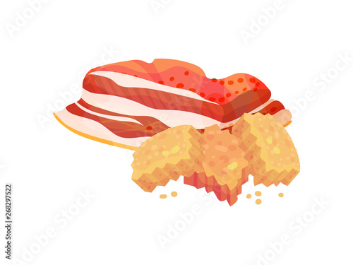 Square croutons with a bacon. Vector illustration on white background.