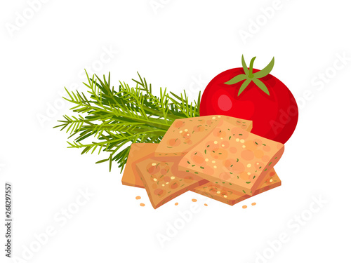 Square croutons with tomato and herbs. Vector illustration on white background.