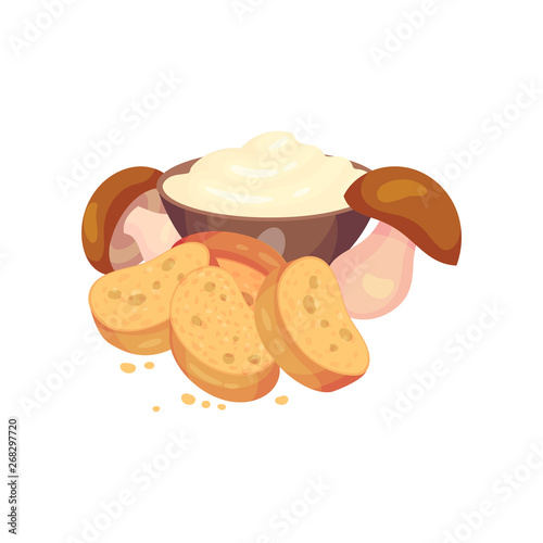 Oval croutons with mushrooms and sour cream. Vector illustration on white background.