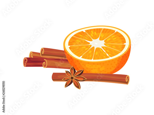 Half an orange lies between the cinnamon sticks. Vector illustration on white background.