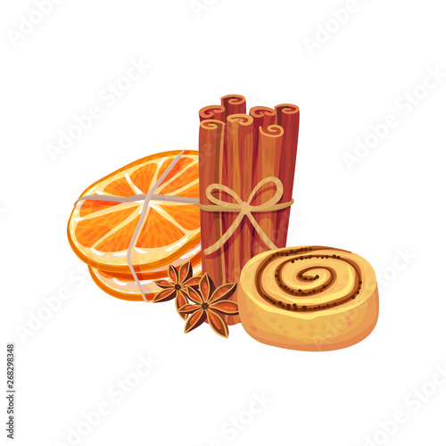 Cookies with poppy seeds, cinnamon sticks and orange juice. Vector illustration on white background.