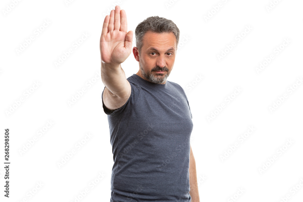 Adult making stop sign with palm Adult making stop sign with palm
