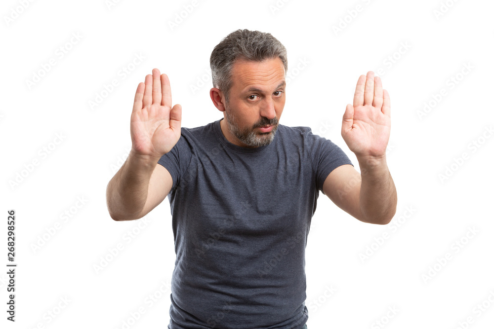 Man showing palms as stop gesture Man showing palms as stop gesture