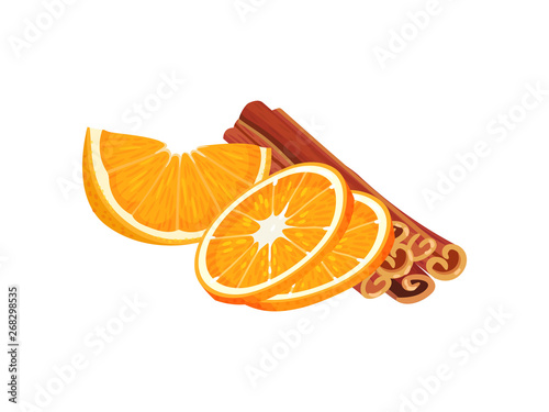 Orange slices and cinnamon sticks. Vector illustration on white background.