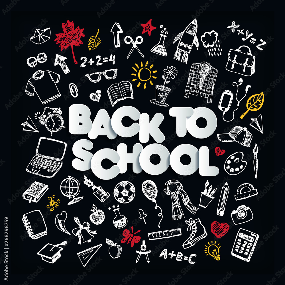 Back to school. Chalkboard doodle set. Freehand drawing - Vector with lettering