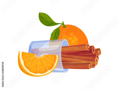 Glass cup with cinnamon sticks lying on its side. Vector illustration on white background.