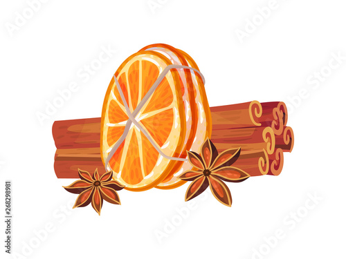 Three orange slices lie next to cinnamon sticks. Vector illustration on white background.