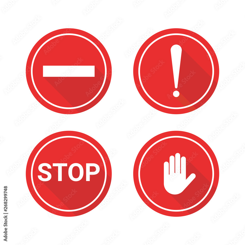 set of red stop signs. Hand, rectangle, word stop and exclamation mark set of red stop signs. Hand, rectangle, word stop and exclamation mark