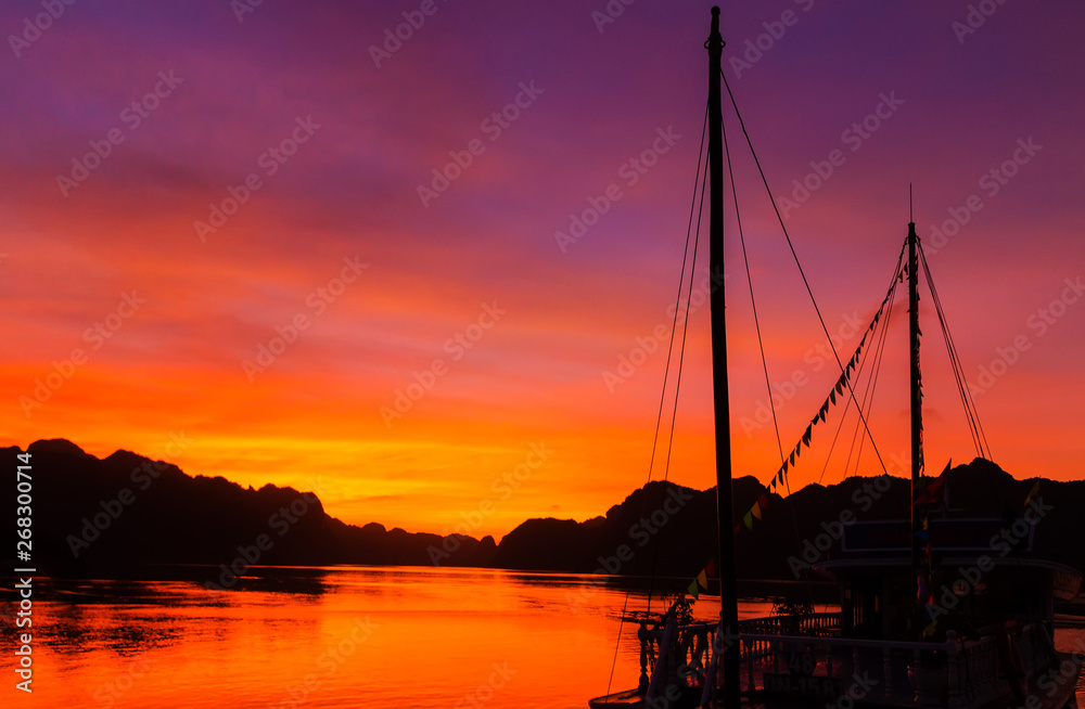summer evening sky clouds Sunset Background. Vietnam Top Destinations, Ha Long Bay