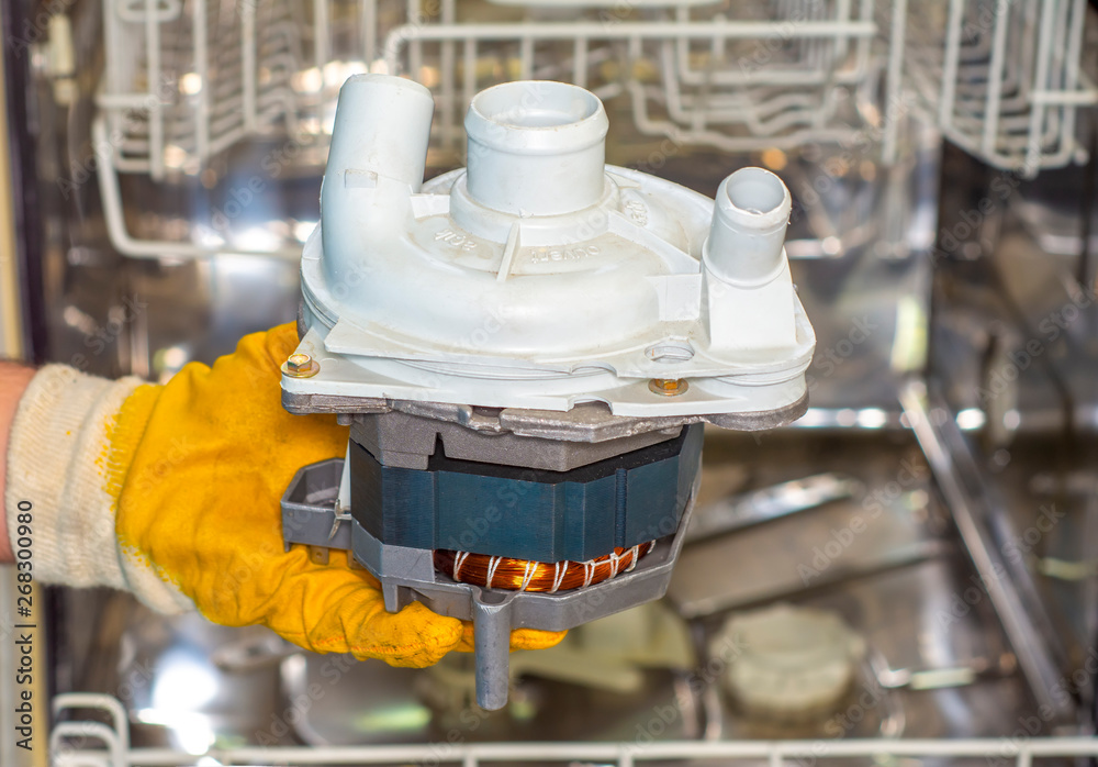 The water pump of dishwasher. Wear of impeller, pump shaft, graphite gland body. Repair of the