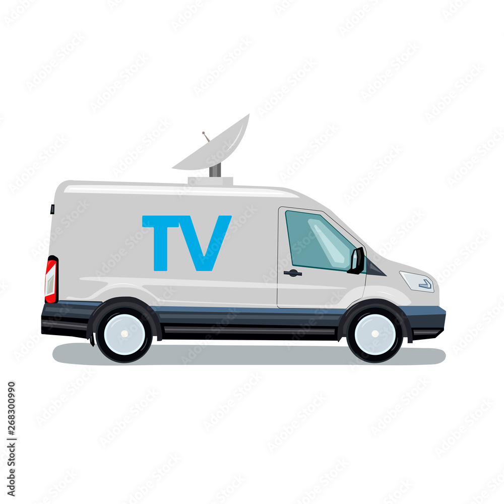 Van - TV channel. Silver. Vector graphics in flat style. Van - TV channel. Silver. Vector graphics in flat style.