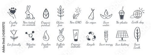 Eco friendly, ecology vector hand drawn icons set. Organic cosmetics, zero waste, save earth and healthy lifestyle sign
