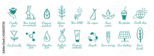 Eco friendly  ecology vector hand drawn icons set. Organic cosmetics  zero waste  save earth and healthy lifestyle sign
