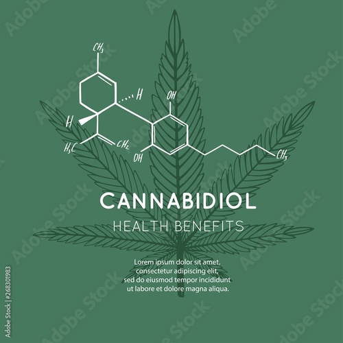 Vector background, banner, poster with CBD formula. Cannabis leaf in medecine concept. Health benefits of Marijuana