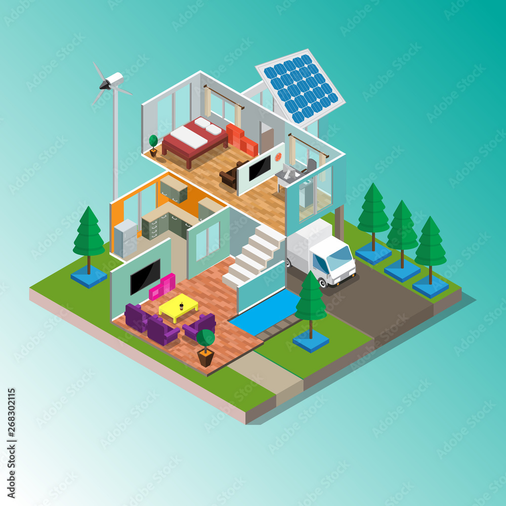 Isometric 3d Modern green eco home with garage lawn solar panels producing electricity on roof and two wind turbines isometric vector illustration