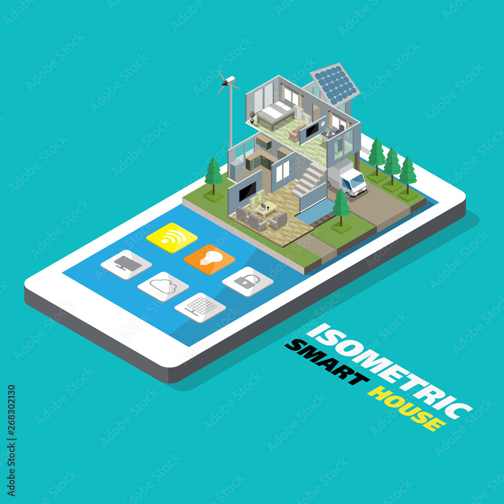 Smart home with outline icons on smart phone. Isometric house. Smart home with outline icons on smart phone. Isometric house.