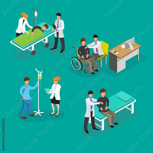 Communication and therapeutic doctor patient relationship in clinical medical practice isometric icons collection abstract isolated vector illustration
