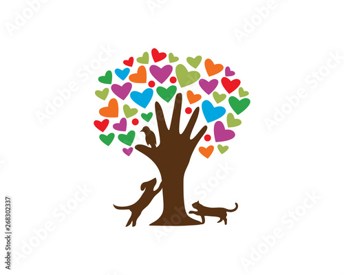 Pet Care Logo Tree And Hand Logo Concept In White Isolated Background