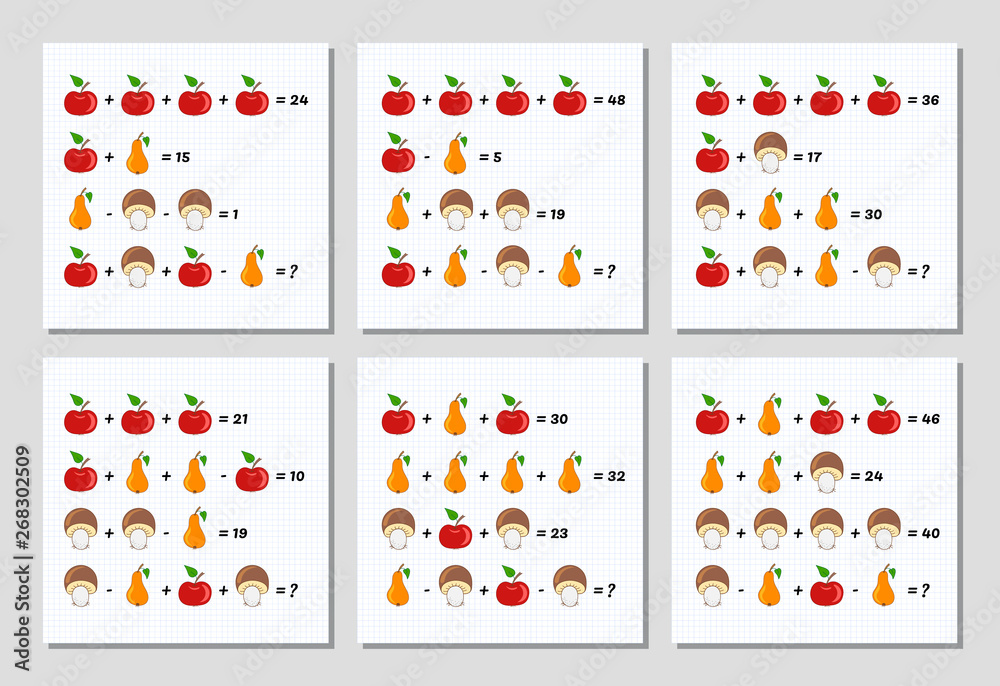 Mathematical Addition Subtraction Puzzle set. System of equations. Math games set with pictures for children, middle level, education game for kids, preschool worksheet activity, logical thinking. Mathematical Addition Subtraction Puzzle set. System of equations. Math games set with pictures for children, middle level, education game for kids, preschool worksheet activity, logical thinking.