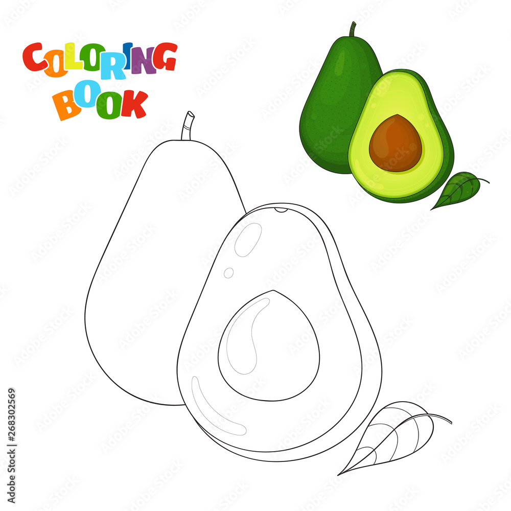 Coloring book page for preschool children with outlines of avocado and a colorful copy of it ...