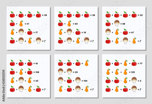 Mathematics educational games set for children. System of equations. Advanced level. Learning multiplication, addition, subtraction, order of operations, equations worksheet for kids. Math Puzzle set.