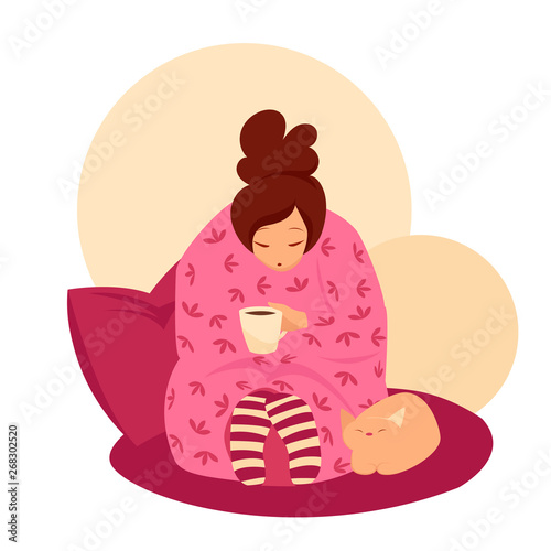 the girl drinks coffee covered with a blanket. vector image of a girl and a cat at home