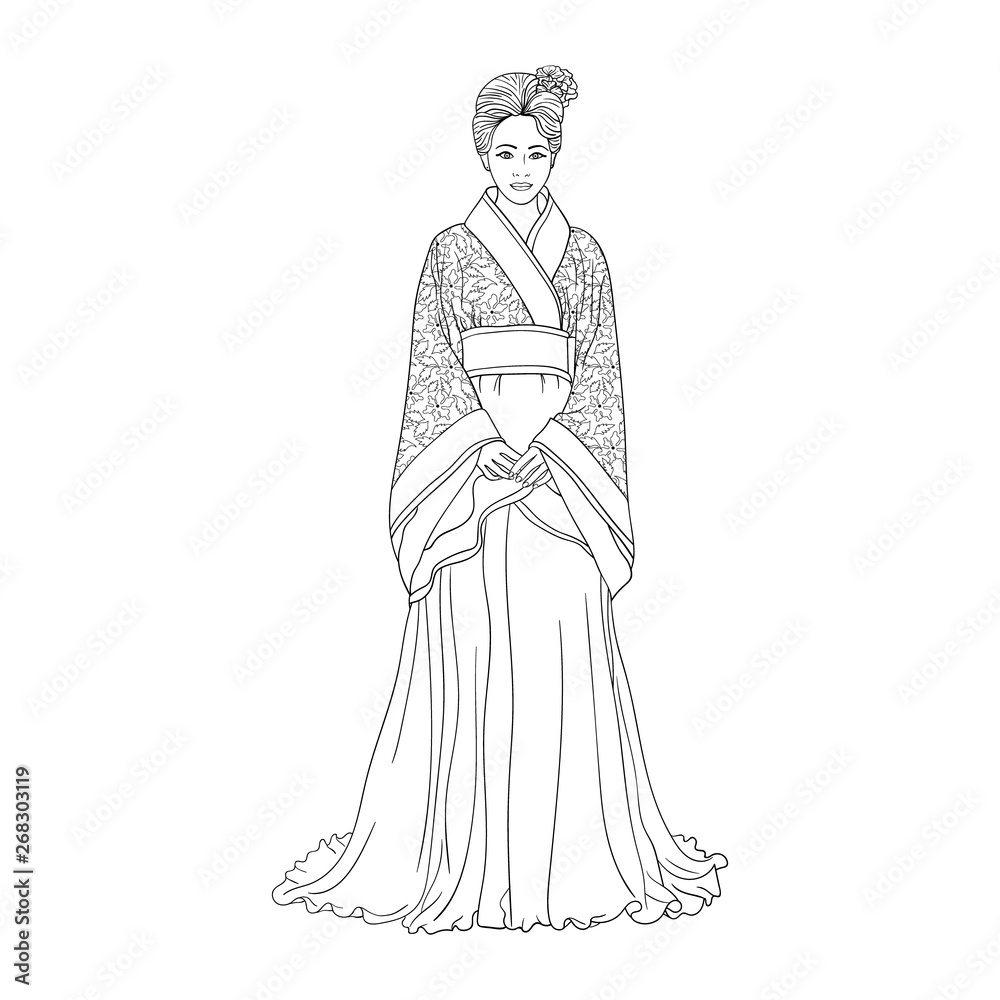 Hand drawn Vector illustration. beautiful Chinese women for adult coloring book