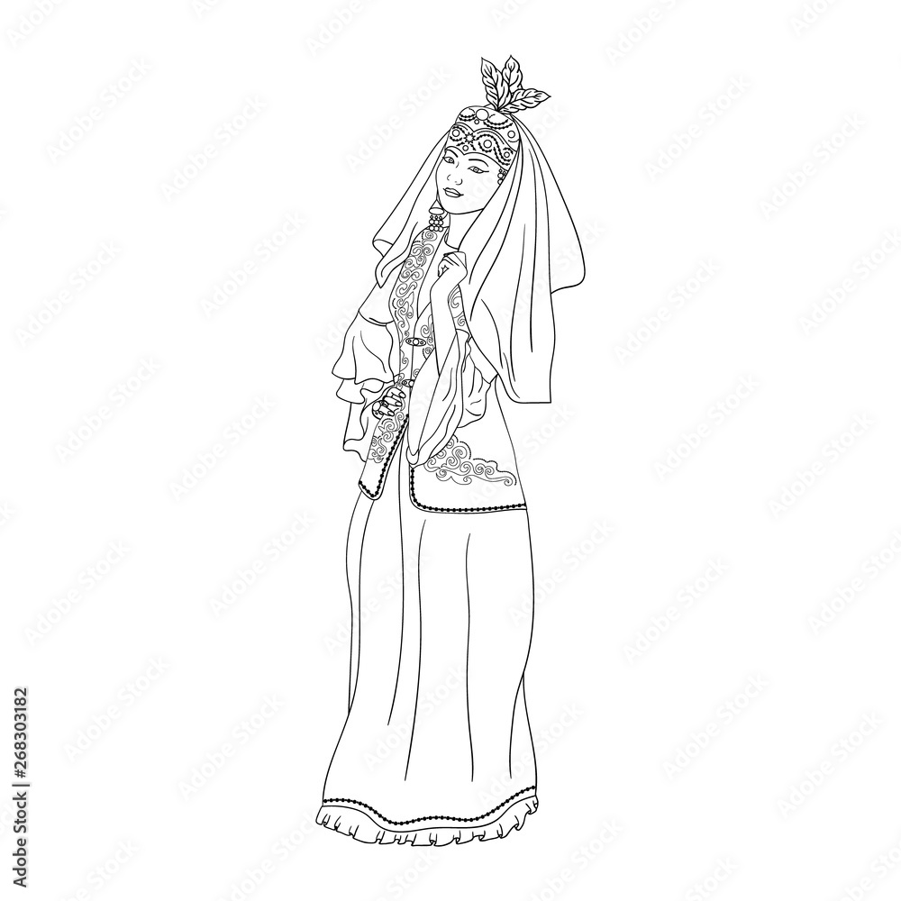 Hand drawn Vector illustration. women from Kazakhstan in traditional costumes and headdresses for adult coloring book