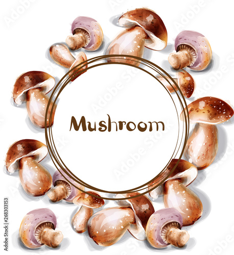 Mushroom Vector watercolor. Menu template round frames