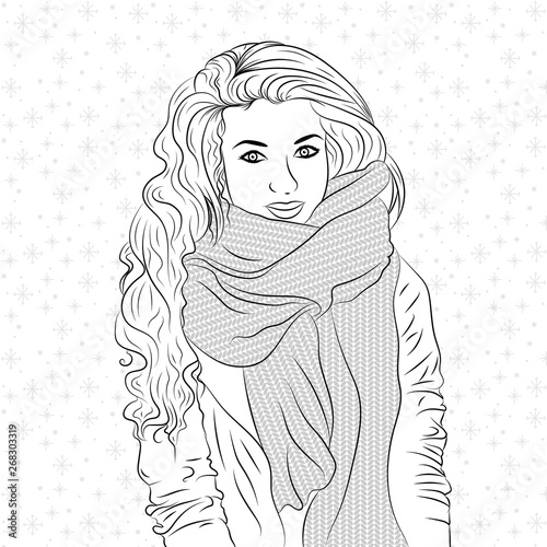 Woman in stylish clothes with a big scarf. Hand drawn Vector illustration. Sketch for adult coloring book 