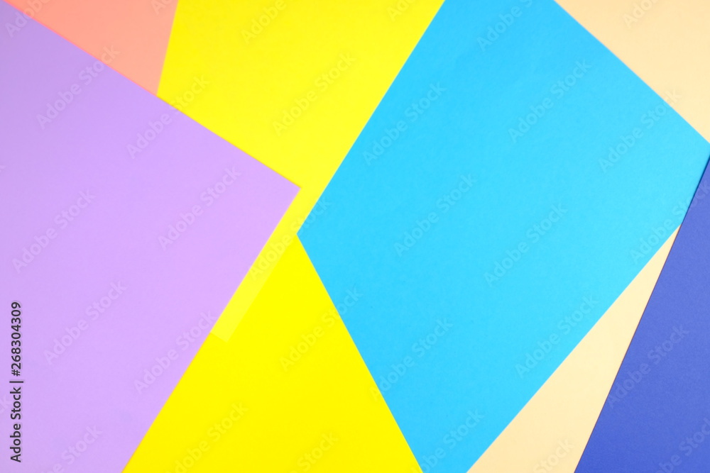 Abstract color background. Paper blanks on a table. Office minimalism style concept. Empty space for design and text. 