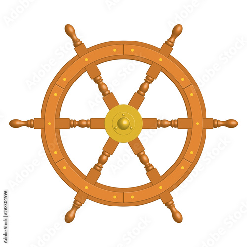 Wooden steering wheel with brass cap. 3D effect. Vector illustration