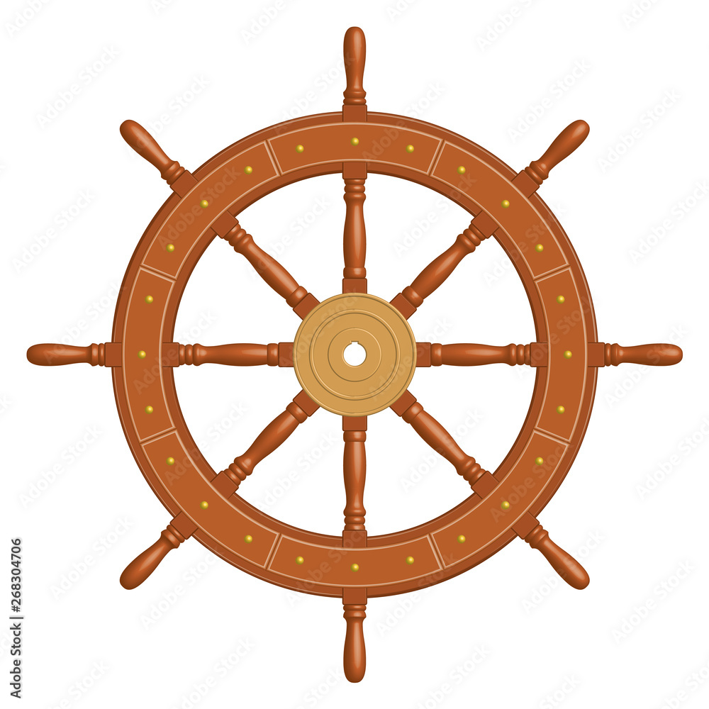 Wooden ship wheel with brass hub. 3D effect. Vector illustration