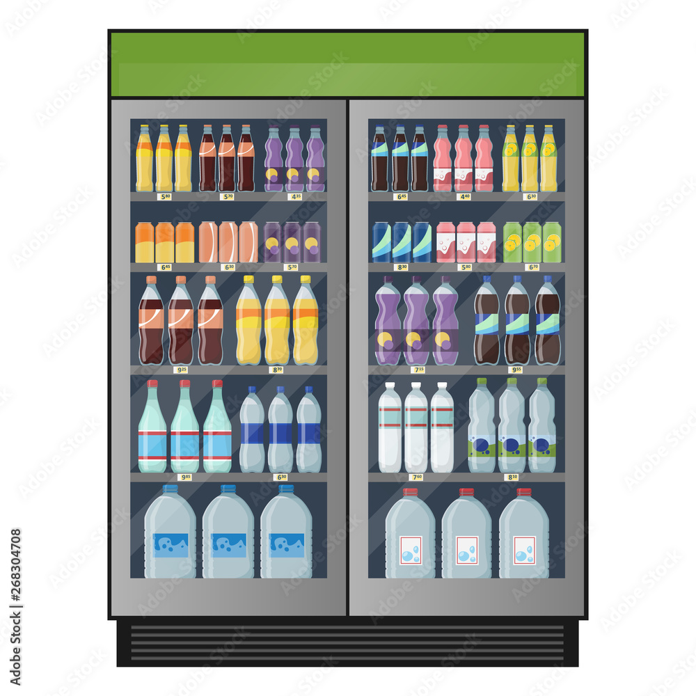 Industrial refrigerator with carbonated drinks and water isolated on white background.
