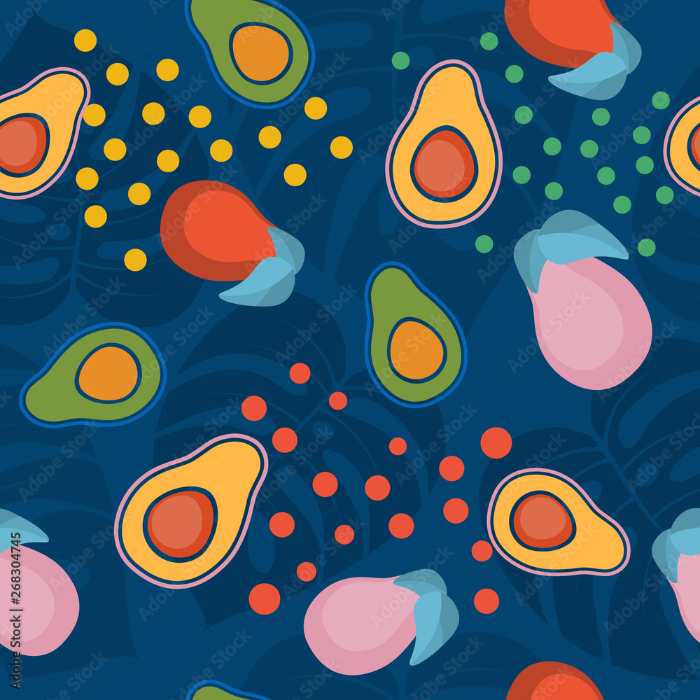 Seamless pattern with avocado and monstera leaves. Сontemporary Art. Vector illustration. Seamless pattern with avocado and monstera leaves. Сontemporary Art. Vector illustration.