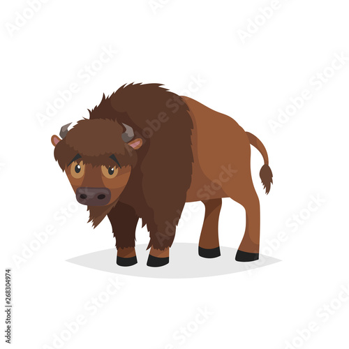 Cute bison standing. Cartoon comic style vector illustration of forest wild animal. Buffalo. Europe and north America animal.