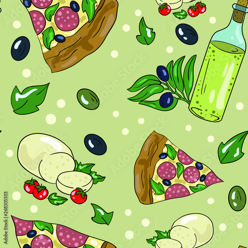 Vector seamless pattern with Italian food on green and grey background. With olive oil, cheese mozzarella, olives and pizza. Cute pattern. Wallpaper and textile design. Wrapping paper idea.  