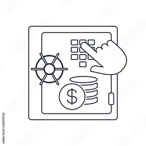 A hand opens a safe with money. Financial Availability. Vector linear icon.