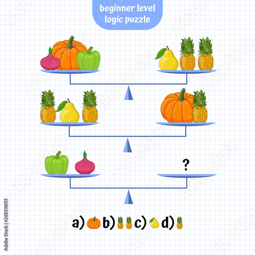 Logic Puzzle Educational Game. Beginner level. Critical Thinking Skills Game. Vector illustration.