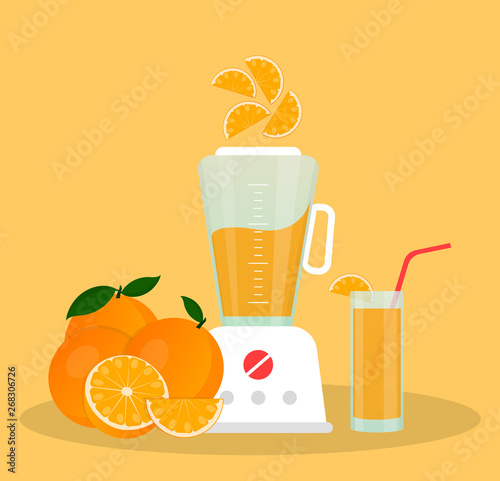 Juicer or blender for making juices and fruit cocktails. Orange juice in a glass and oranges sliced next to a blender.