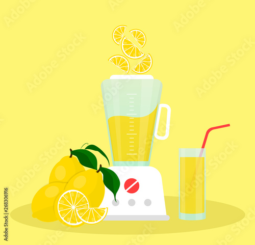 Juicer or blender for making juices and fruit cocktails. Lemon juice in a glass and lemons sliced next to a blender.