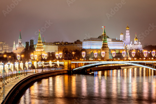 Russia, Moscow, View from the Patriarchal Bridge to the Kremlin. New Year's and Christmas decorations in Moscow