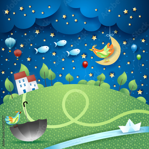 Surreal landscape by night with river, umbella and flying fishes