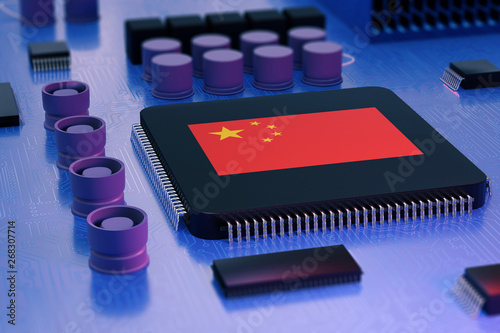 Canvas Print Computer chip with chinese flag, can china spy on united states