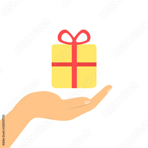 A gift in hand. Festive gift. Flat style.
