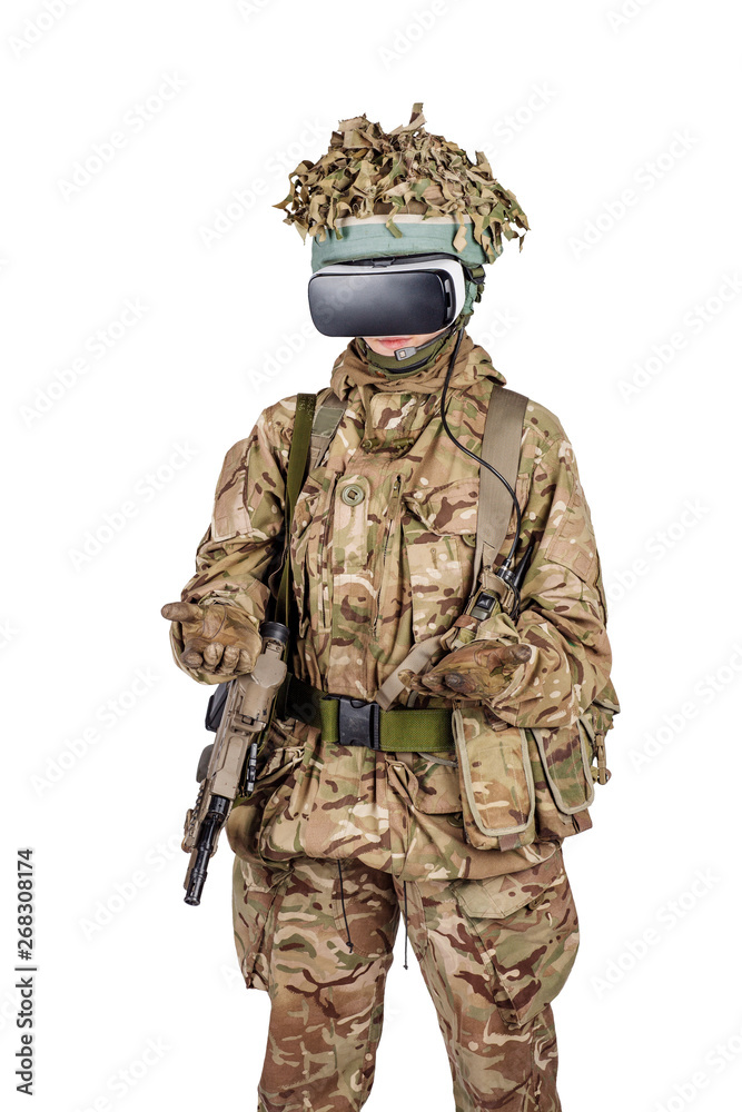 soldier use a VR glasses for combat simulation training. war, army, technology and people concept. soldier use a VR glasses for combat simulation training. war, army, technology and people concept.